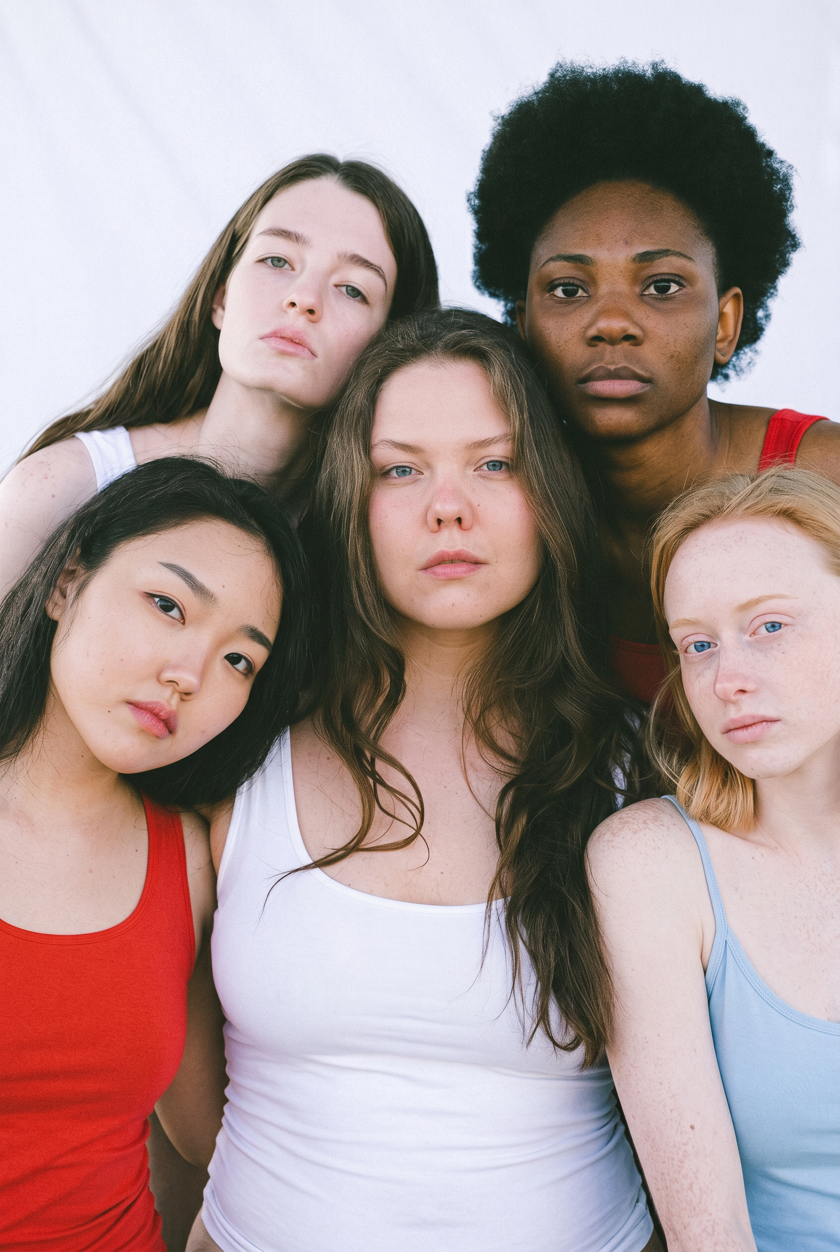 Fünf Frauen mit natürlicher Haut in weißen, roten und hellblauen Shirts